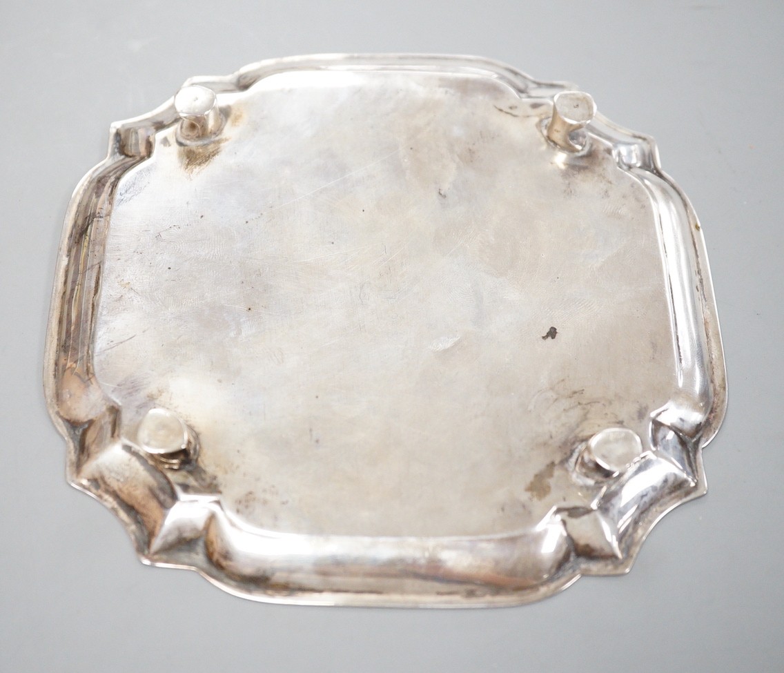 A late Victorian silver shaped square waiter, Plante & Co, Birmingham, 1898, 14.6cm, 139 grams.